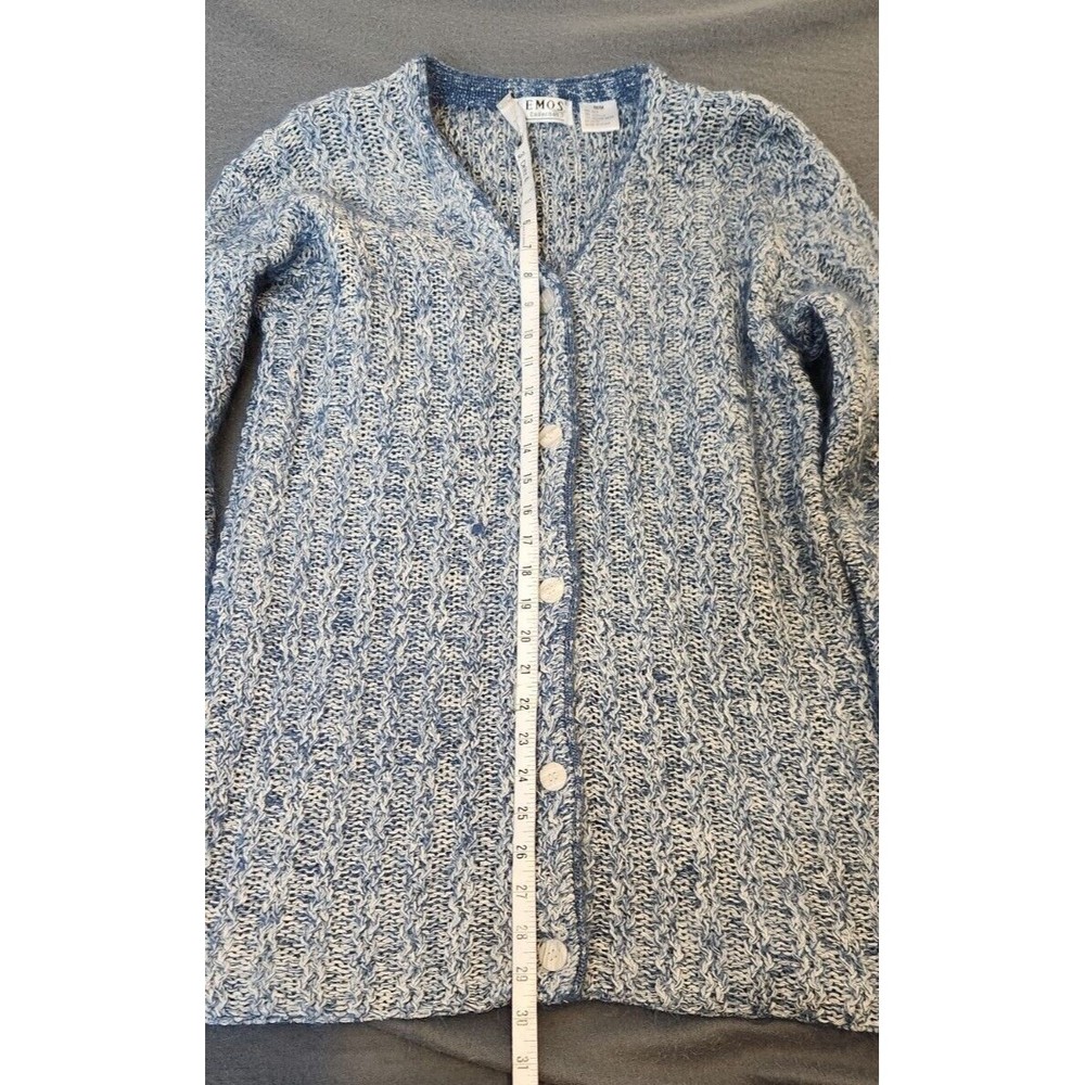 VTG EMOS COLLECTION Blue/White Cable Knit Silk Blend Tunic Cardigan Sweater SZ M - Picture 3 of 8
